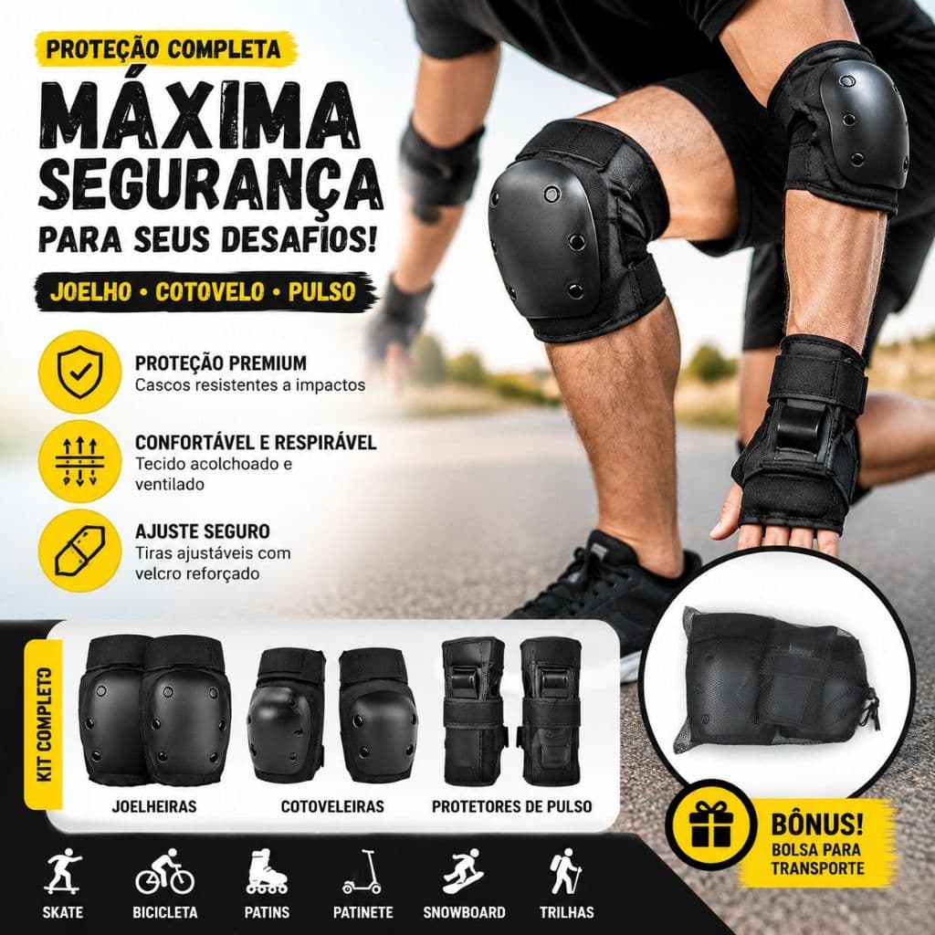 Kit Proteção 6 Peças Joelheira Cotoveleira Punheira, PP Reforçado Ajustável para Skate Patins Bicicleta Segurança