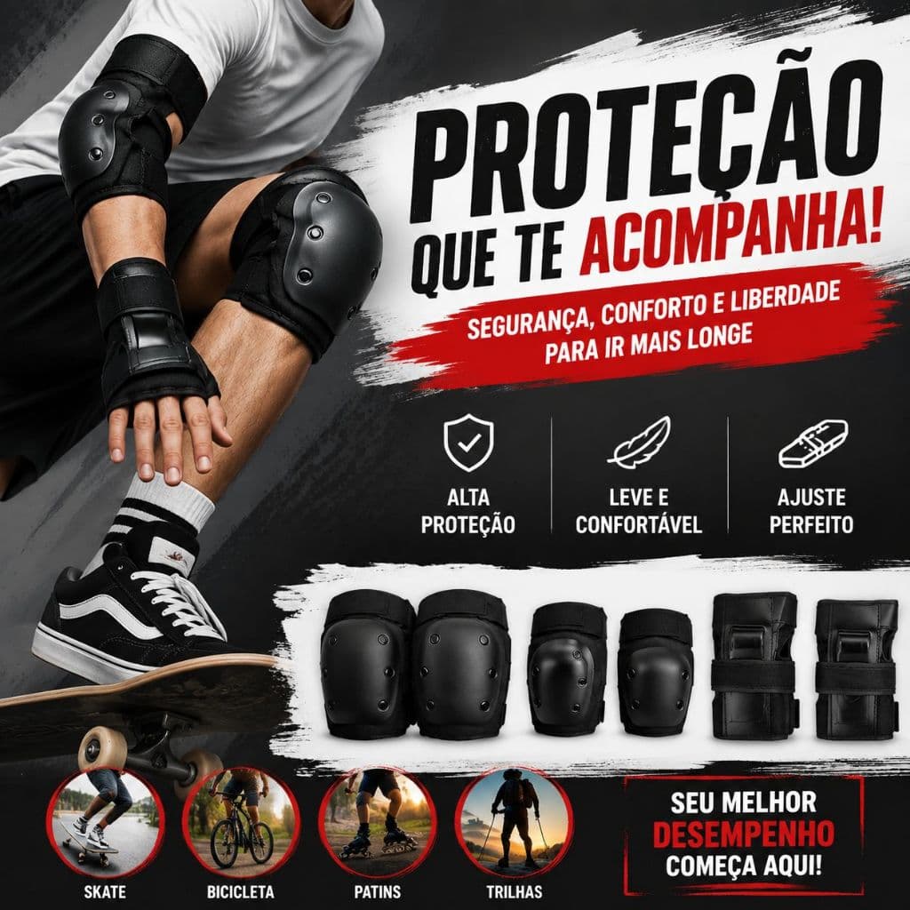Kit Proteção Patins 6 Peças: Joelheiras + Cotoveleiras + Punheiras, Resistente Impacto para Skate e Patins