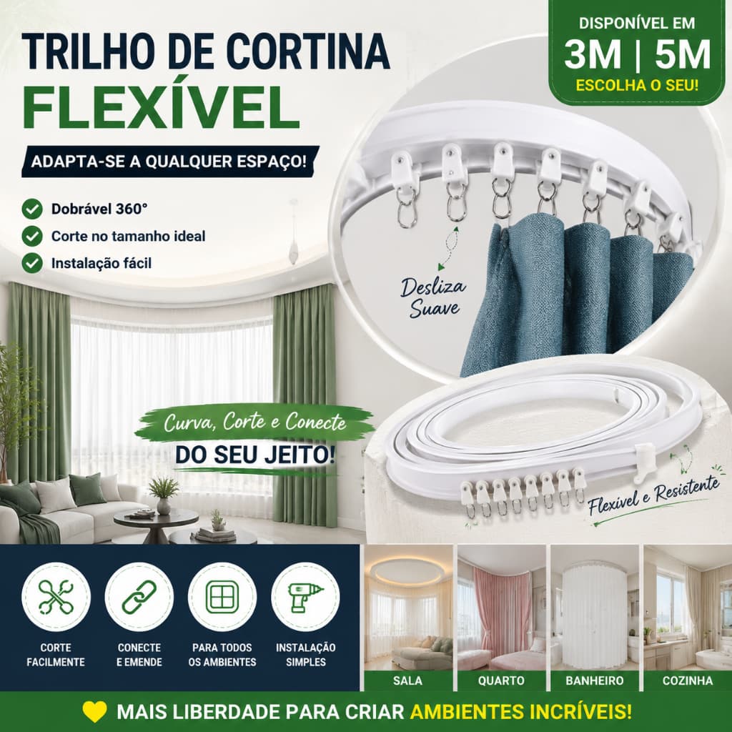 Conjunto de trilhos de cortina flexíveis brancos, 3/5 m, ângulo ajustável, incluindo conjunto completo de acessórios, ad