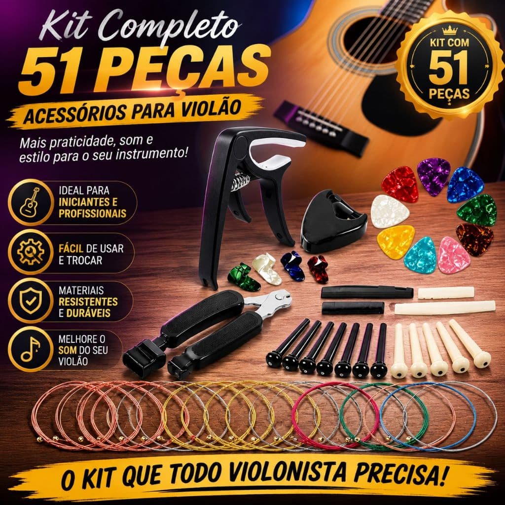 Kit 51 Acessórios para Violão Encordoamentos Capotraste Palhetas Pinos Afinador Sela Porca de Osso