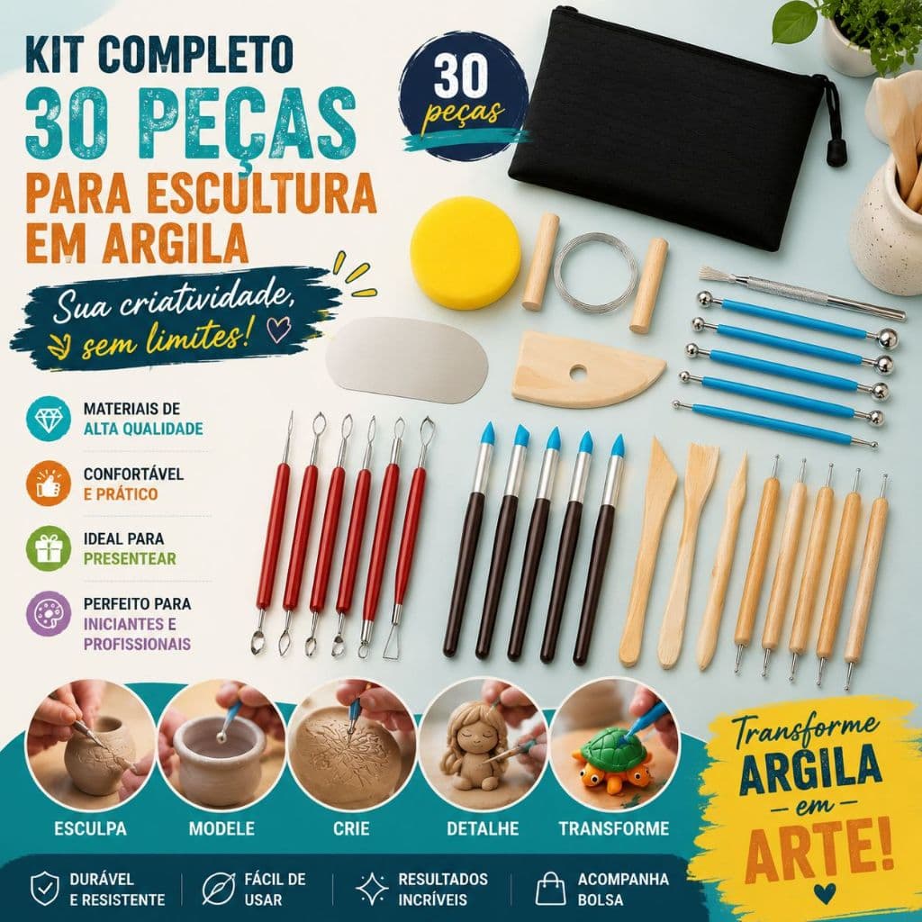 Kit 30 Ferramentas Profissionais para Cerâmica Argila Modelagem Escultura Biscuit Artesanato com Estojo