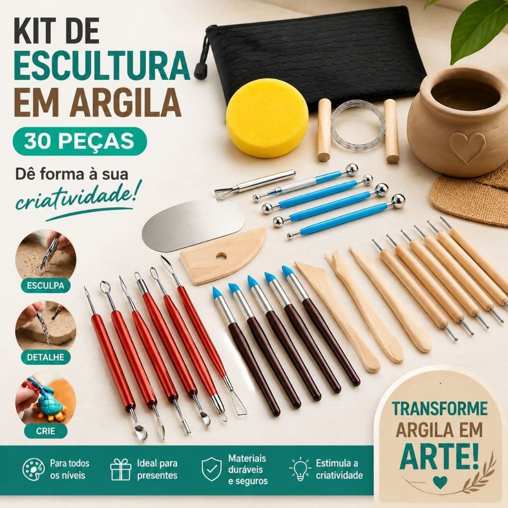 Conjunto de 30 peças de escultura em argila profissional, conjunto de ferramentas de modelagem e corte Conjunto de escul