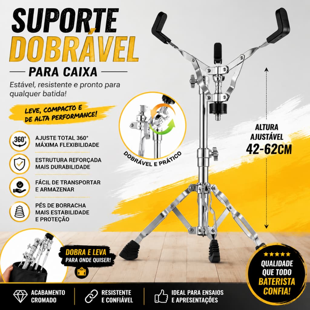 Estante Suporte Caixa Bateria Altura Ajustável Tripé Cromado 10 a 14 Polegadas Pad Estudo Percussão Profissional Base