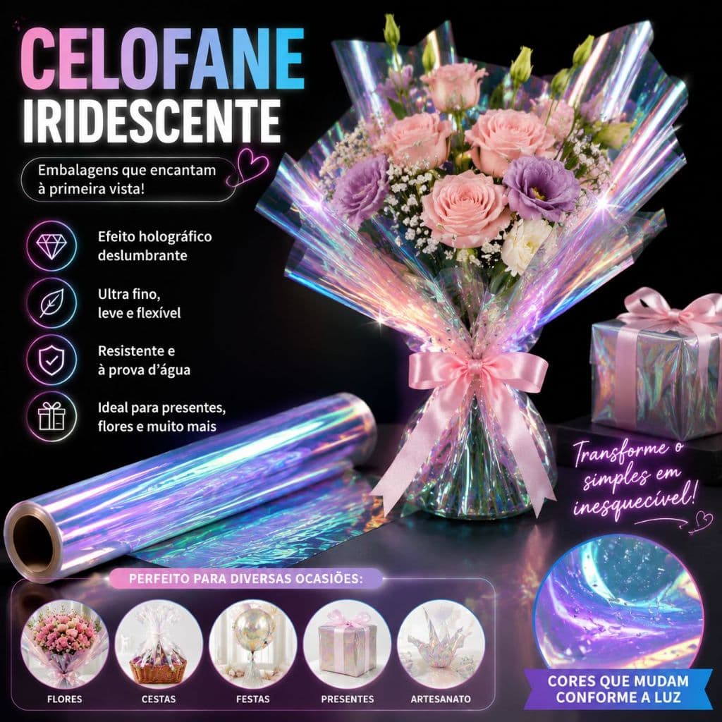 Celofane perolado/arco-íris de 10m, adequado para presentes de festa, forro de cesta de presente e embalagem de presente
