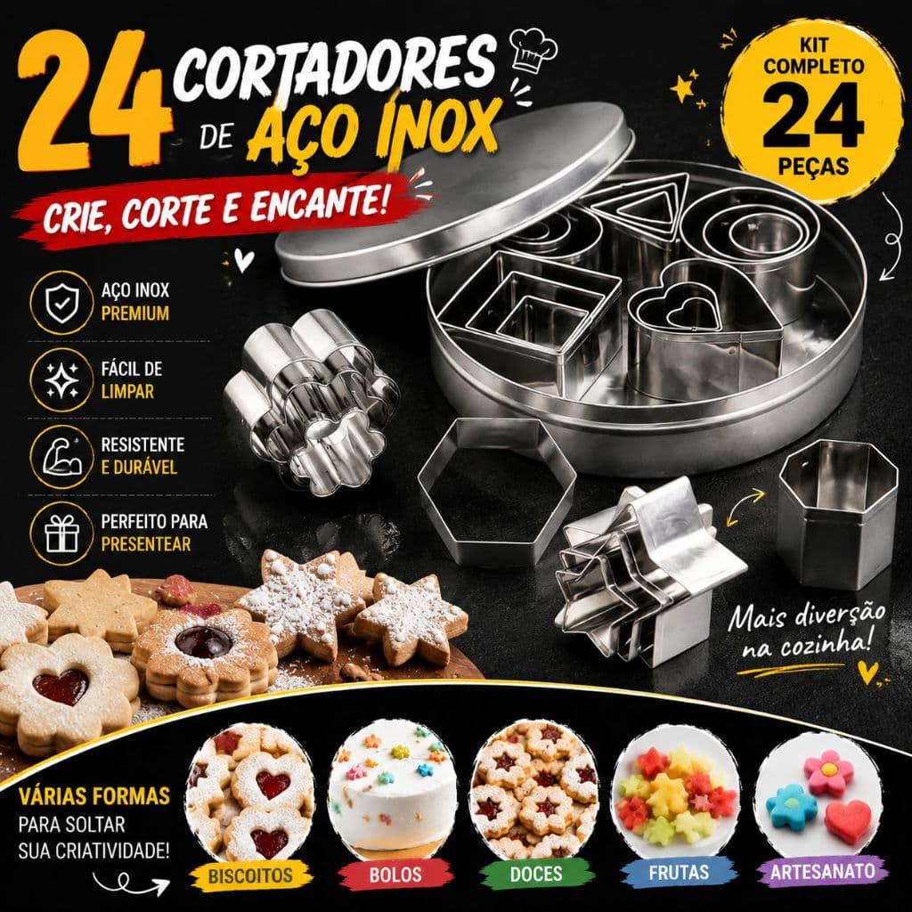 Um conjunto de 24 moldes de biscoitos de aço inoxidável/alumínio, adequados para massa, biscoitos e bolos