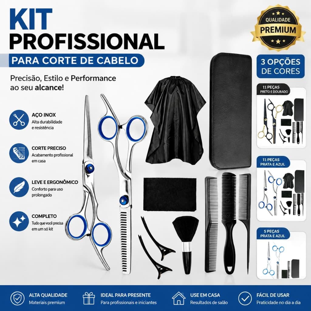 Kit 11 Peças Tesouras Cabelo Azul Aço Inox Corte Desbaste Capa Pentes Estojo Salão Casa