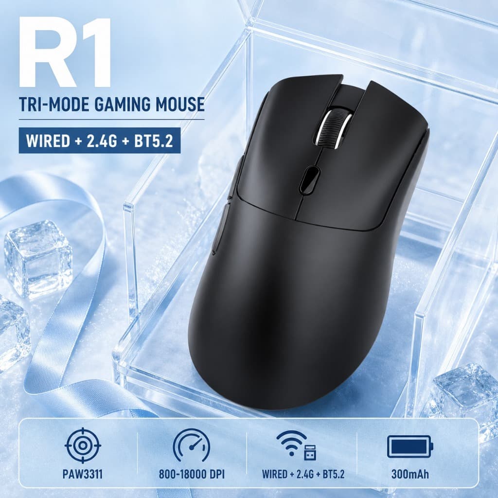 Ataque SHARK R1 Teclado Para Jogos Mecânico Tri-Mode PAW3311 18000DPI 59g Ultra Light Wireless Esports Gaming Mouse