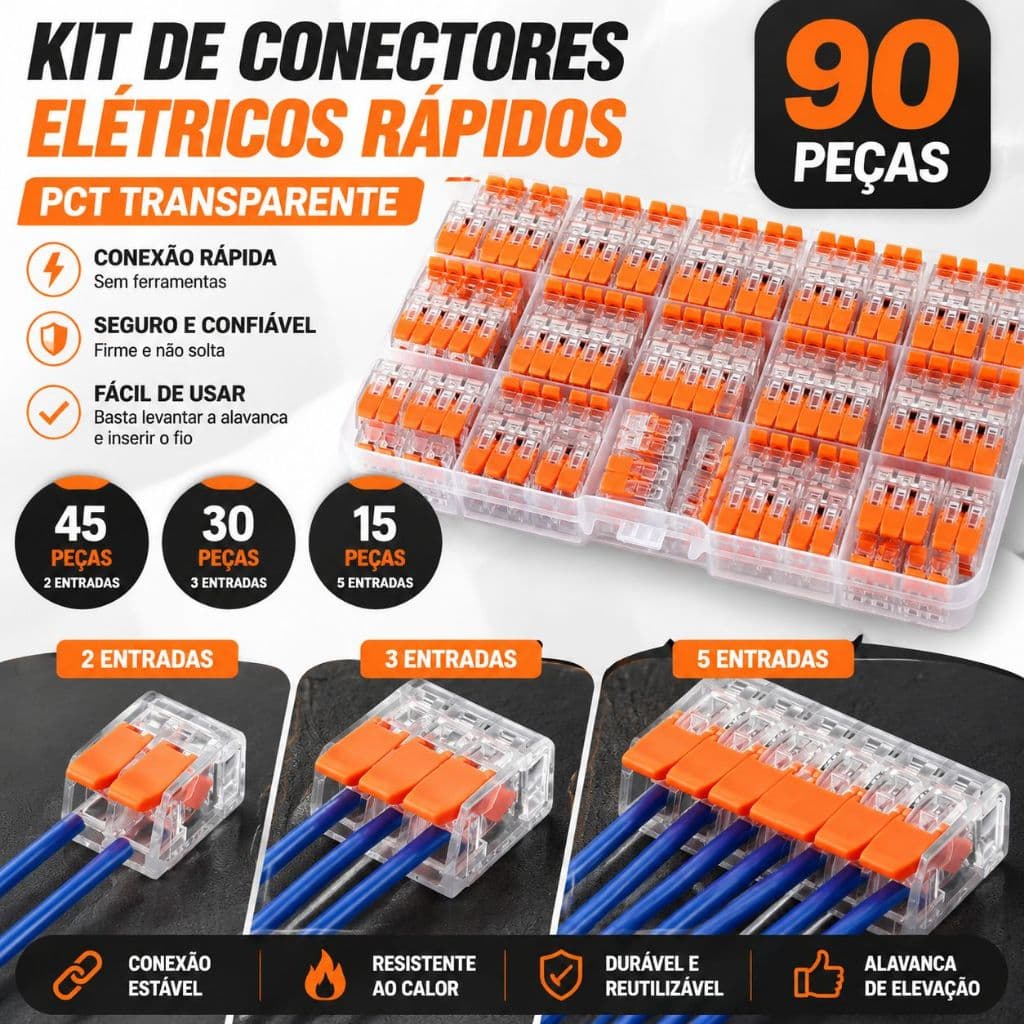 Kit 90 Conectores de Fio Pressão 45un 2P 30un 3P 15un 5P Terminal Elétrico Rápido com Caixa Instalação Residencial