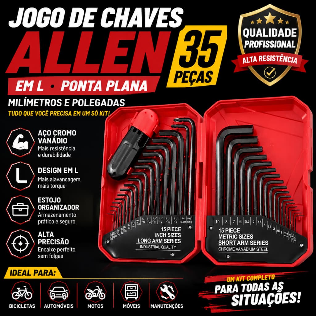 Conjunto 35 Chaves Hexagonais Allen Métrica Polegada com Cabo Aumenta Torque para Bicicleta Moveis Portas Reparos DIY