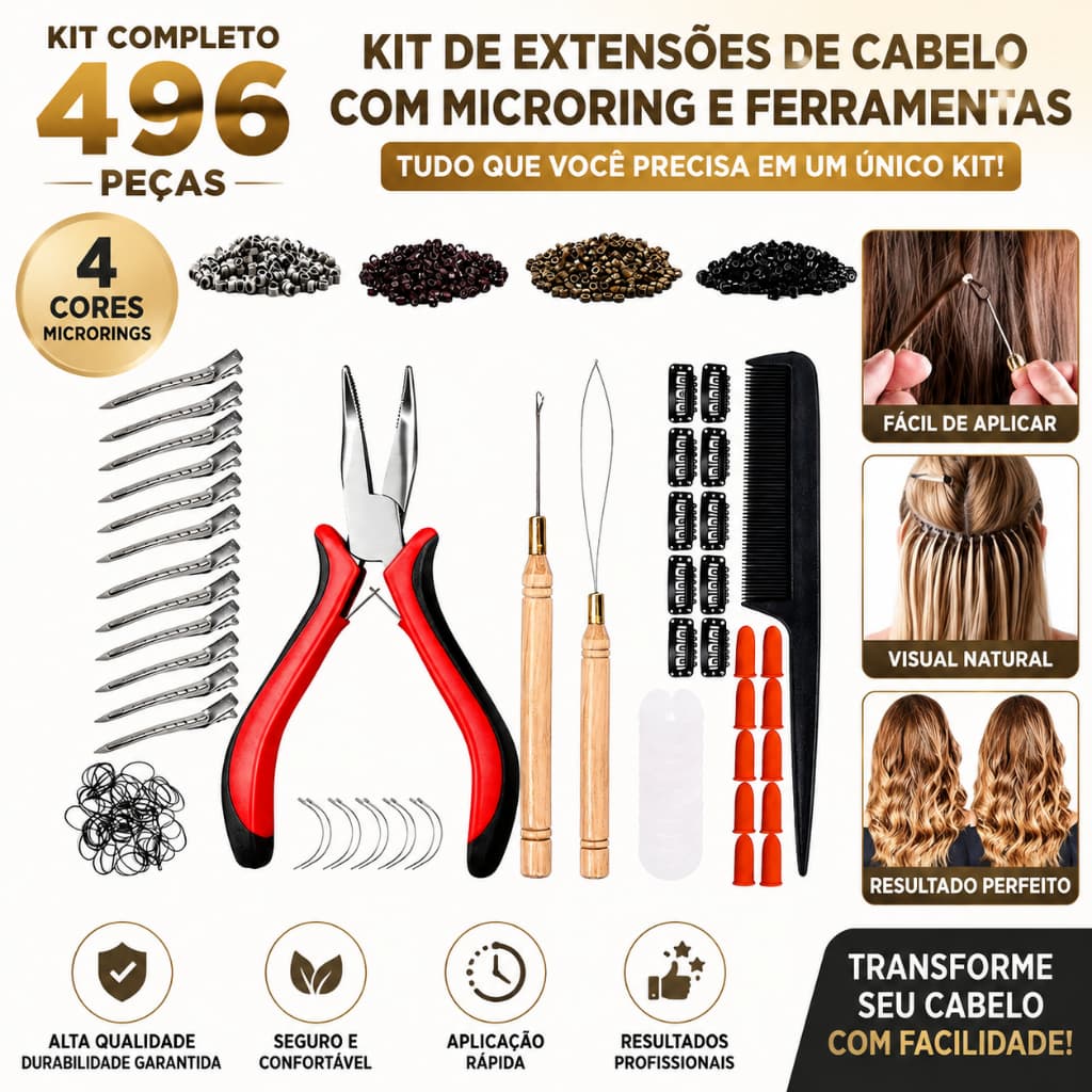 Kit 496 Peças Mega Hair Anéis Micro Silicone 4 Cores Alicate Agulha Pente Profissional Salão Beleza