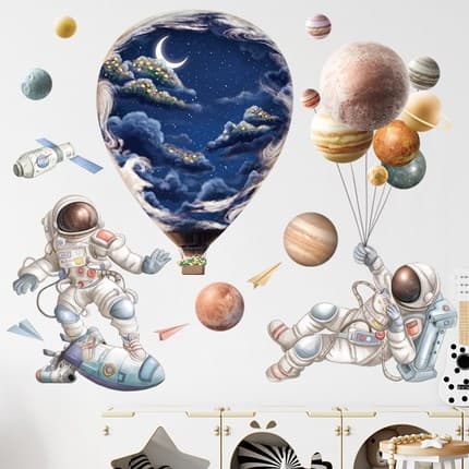 HJ78 adesivos de parede dos desenhos animados criativo astronauta nave espacial UFO espaço planeta jardim de infância La
