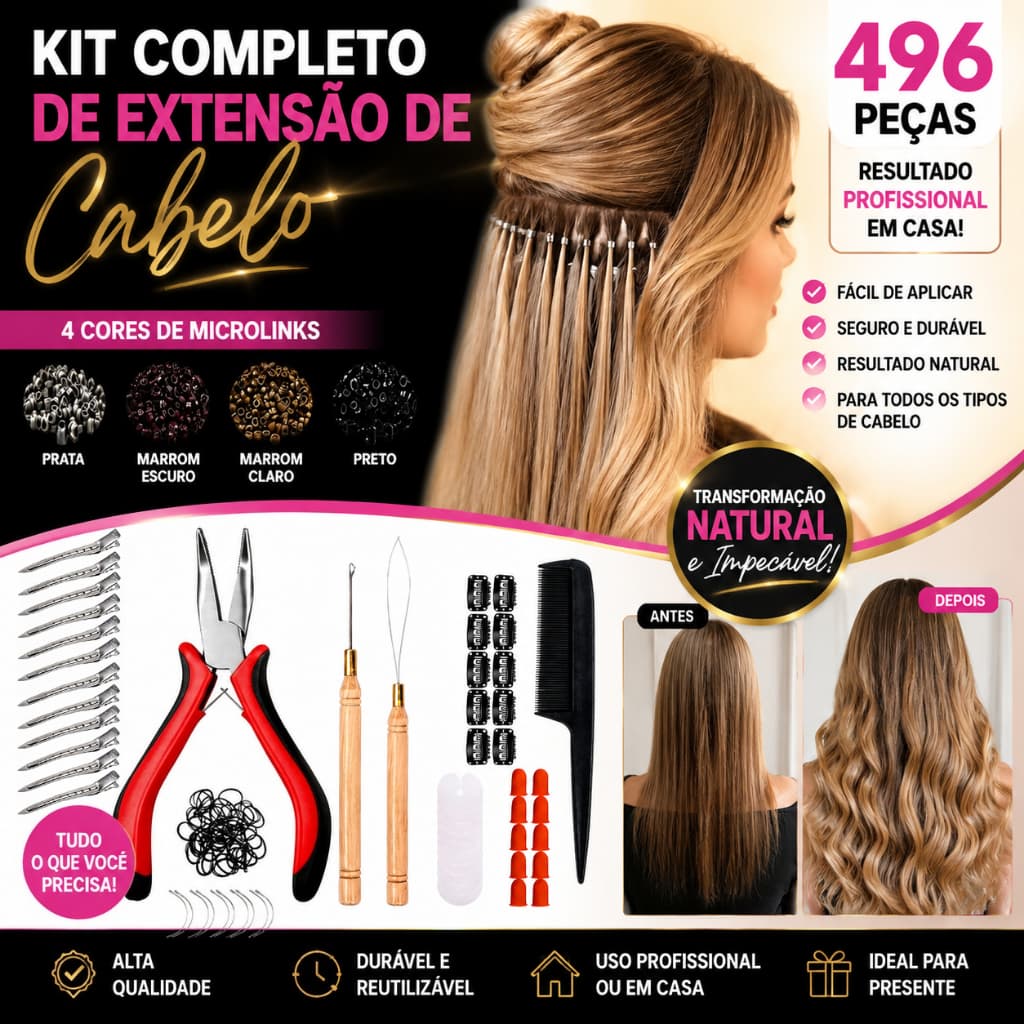 Conjunto de extensão de cabelo, 496 peças, incluindo alicates, clipes, agulhas e Mini anéis, 4 cores