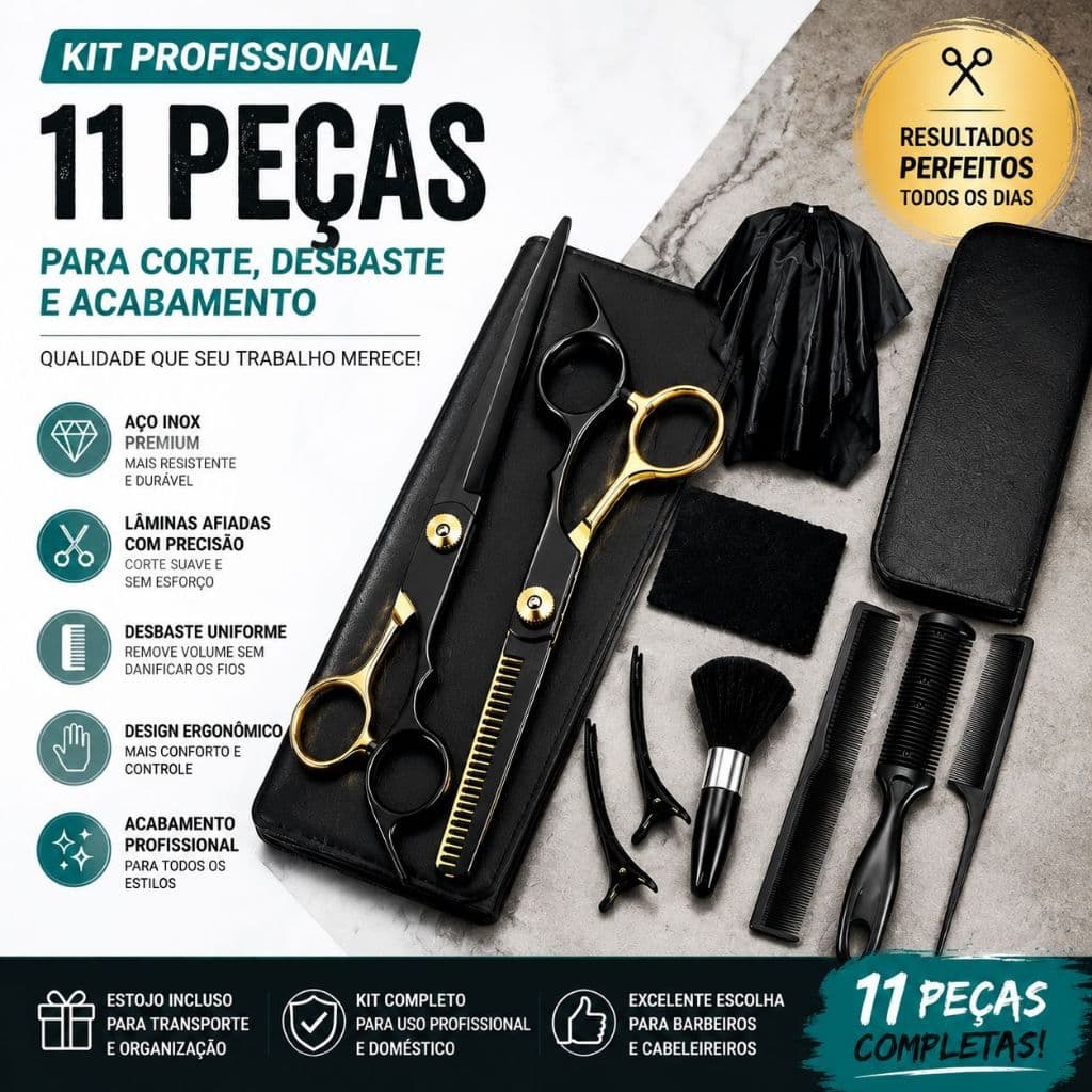 Kit 11 Peças Tesouras Cabelo Preto Dourado Aço Inox Corte Desbaste Capa Pentes Estojo Salão Casa