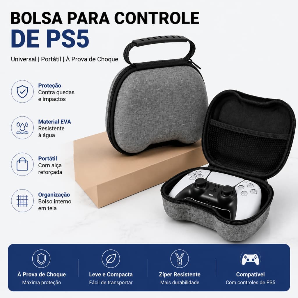 Case Estojo Protetor Controle PS5 com Alça Portátil EVA Rígido Anti-Poeira Universal Joystick