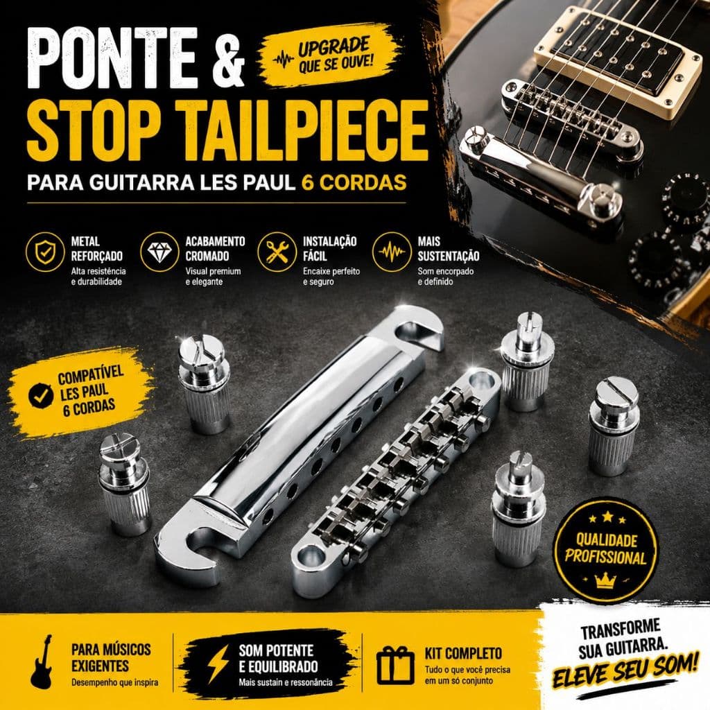 Ponte Tune-o-Matic + Cordal Cromado para Guitarra Elétrica Estilo LP Kit Completo com Pinos de Fixação