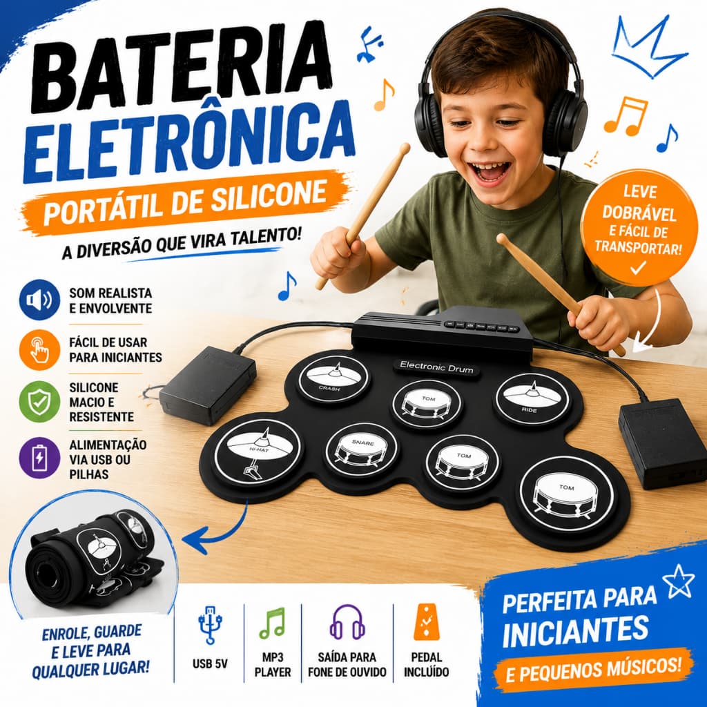 Bateria Eletrônica Silicone Portátil Dobrável 7 Pads Baquetas Pedais USB Instrumento Musical Iniciante Prática