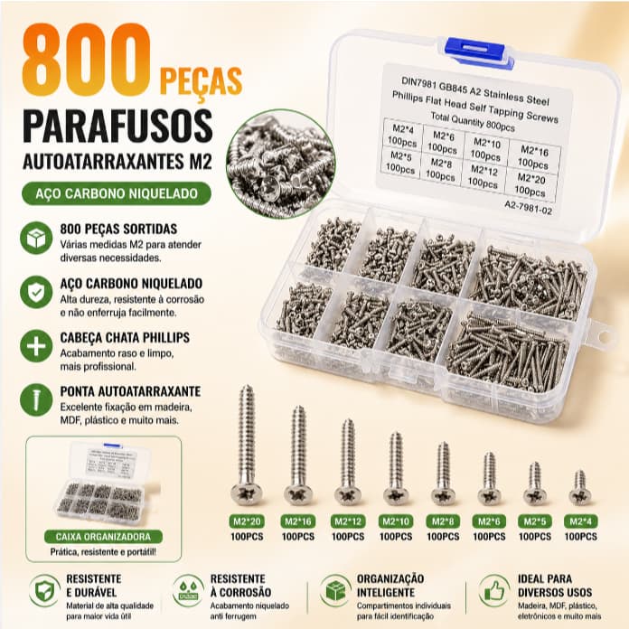 Kit 800 Parafusos Autoatarraxantes M2 Cabeca Chata Phillips em Caixa Organizadora