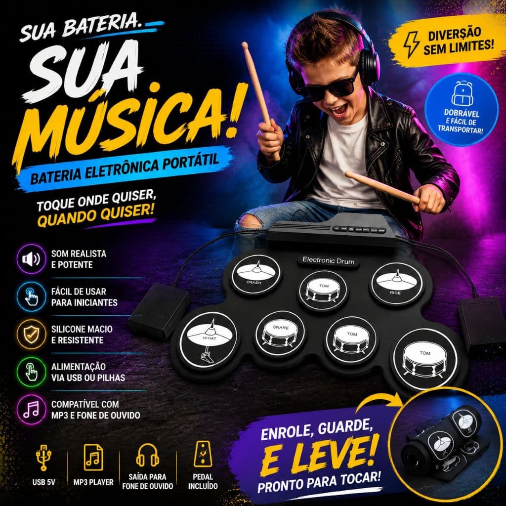 Bateria Eletrônica Portátil Rolo 7 Pads, pedais + baquetas inclusos, USB, ideal iniciante treino casa