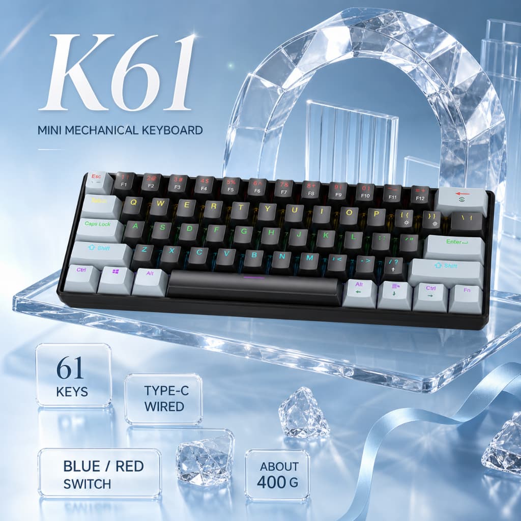 Teclado Mecânico APAYADO K61 Para Jogos 61 Teclas Mini Com Fio Vermelho Azul Interruptor Tipo-C Compacto E Escritório