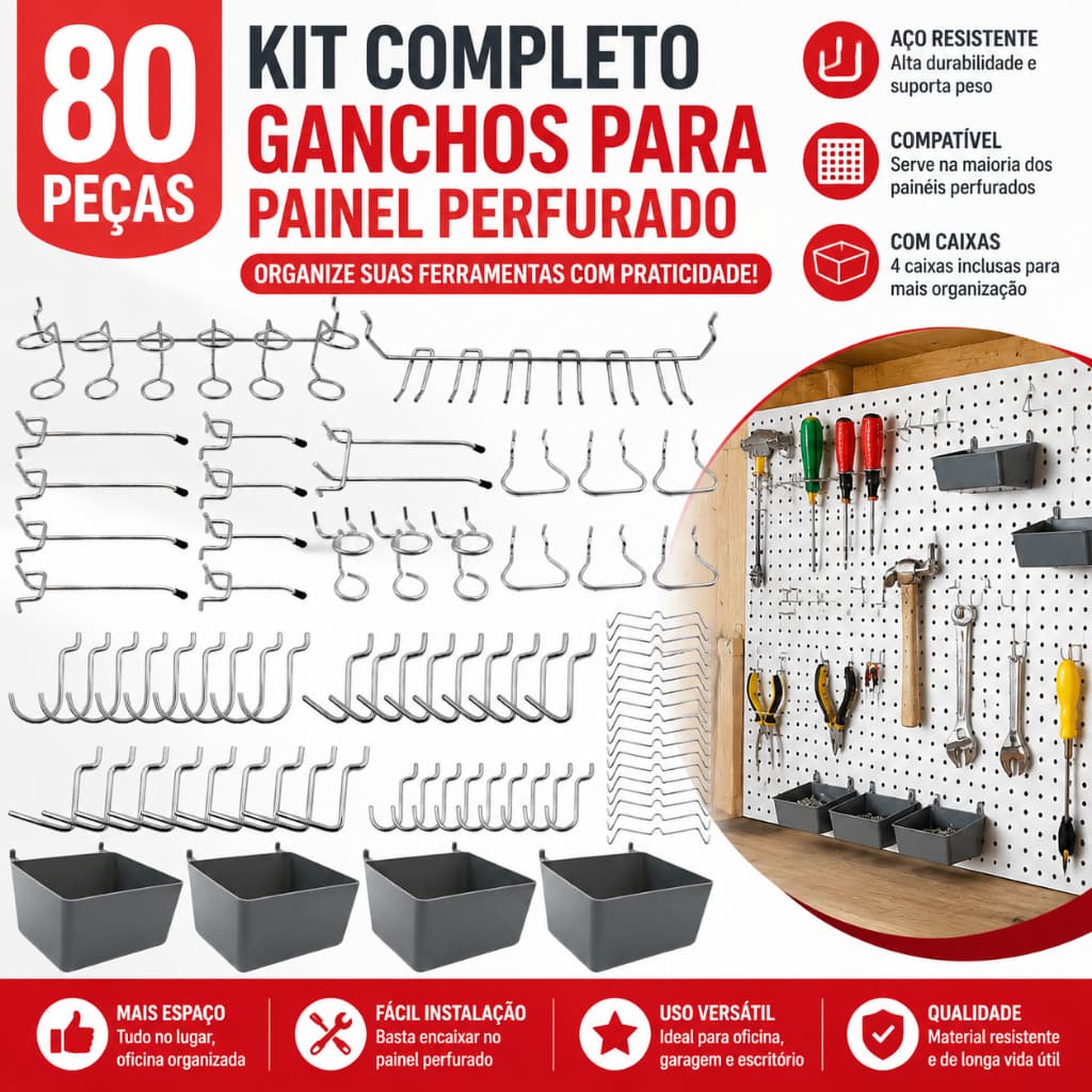 Kit 80 Ganchos para Painel Perfurado Pegboard com Caixas Organizadoras Metal Aço Garagem Oficina Ferramentas