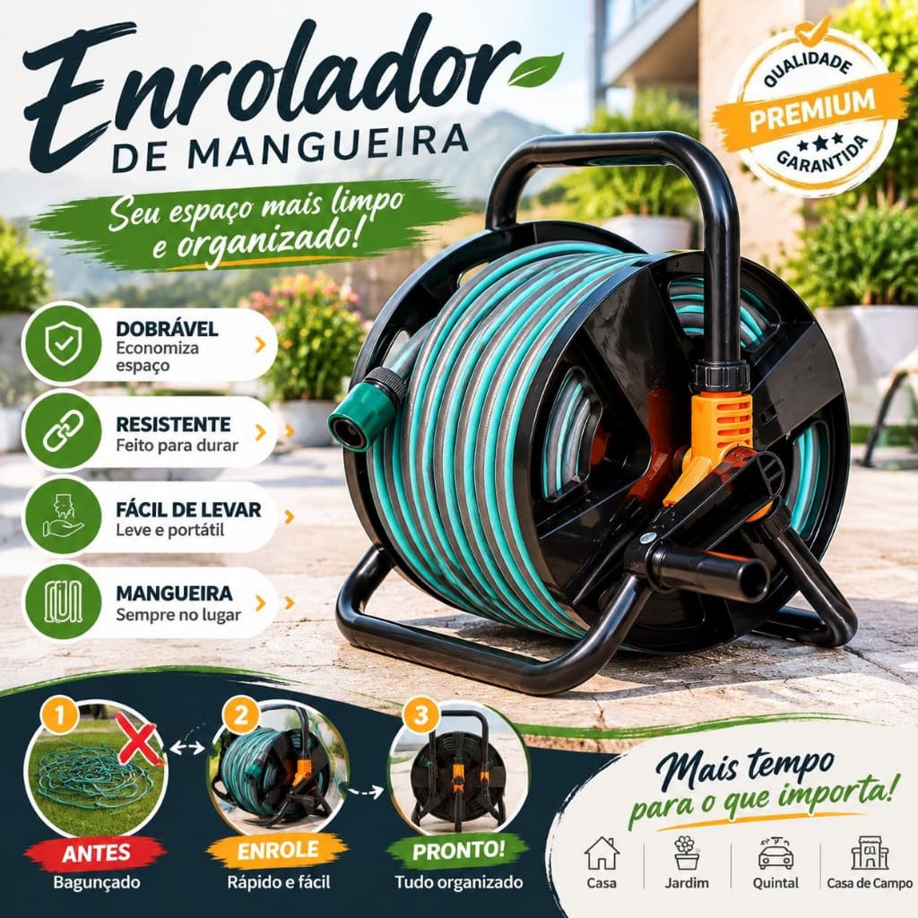 Suporte Bobina Mangueira Jardim Enrolador Manual Portátil Vazio Água Organizar Jardim Lavagem Carro Residencial