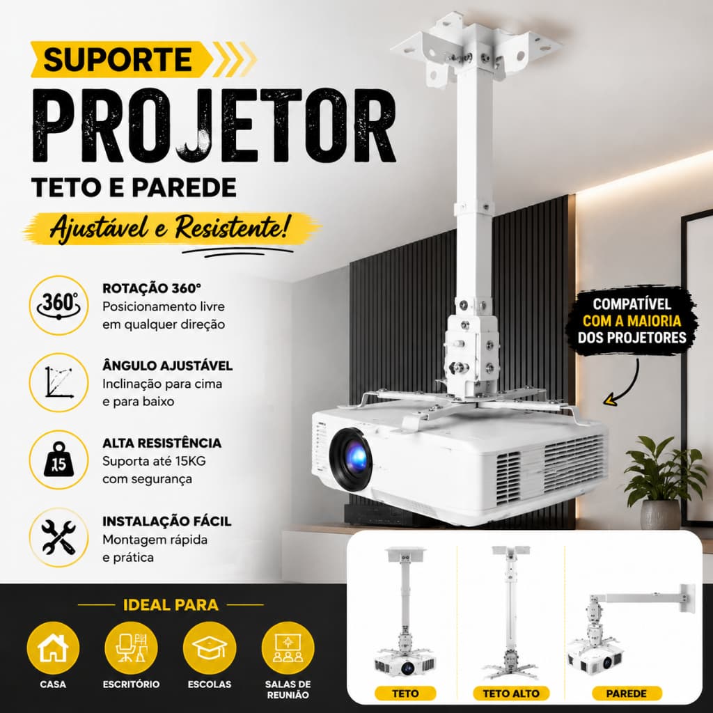 Suporte para Projetor Universal Teto e Parede Regulável Extensível Aço Resistente 360°