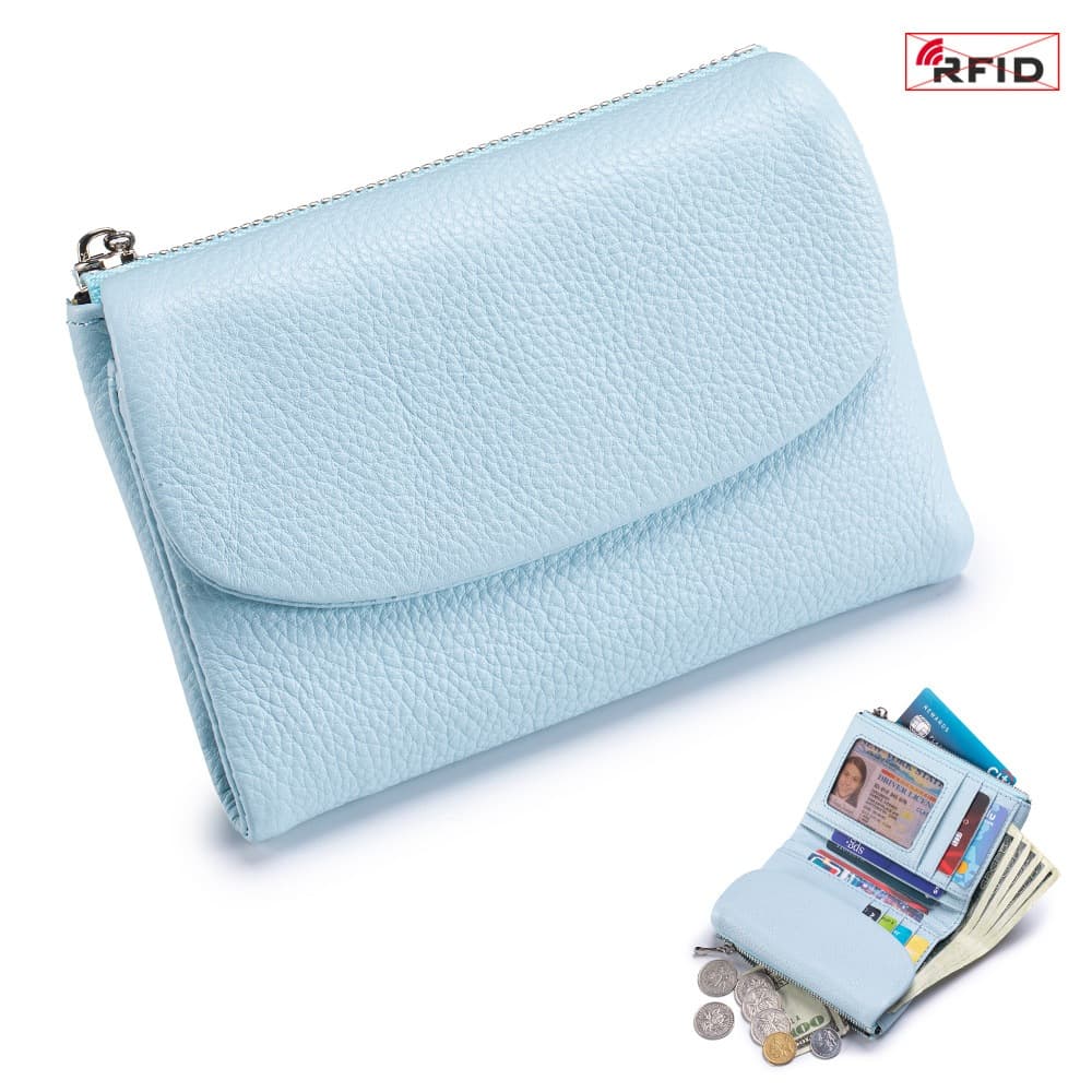 Carteira Feminina de Couro Legítimo, Porta-Cartões com Bolso Zipper para Moedas