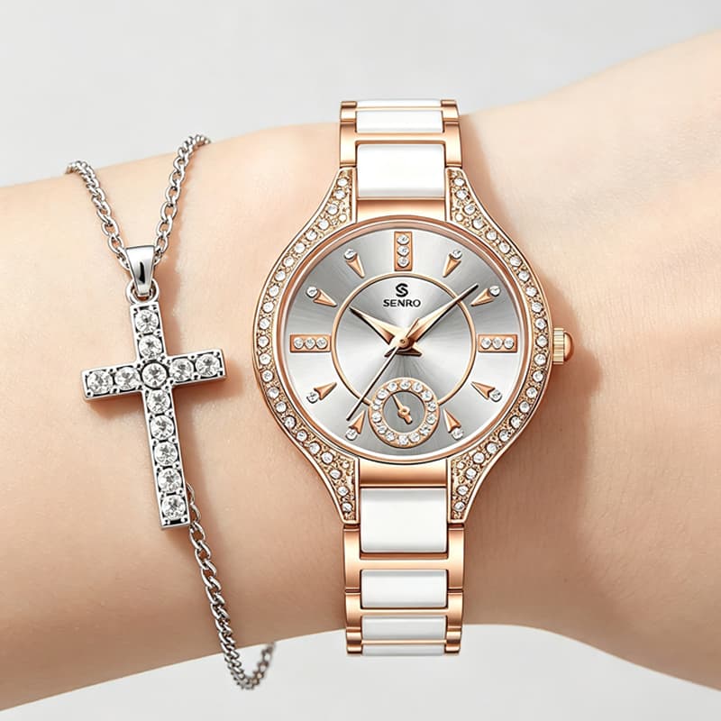 Rel贸gio Feminino Quartzo Redondo Zirc茫o Caixa Liga Pulseira A莽o 脌 Prova D'脕gua Colar Elegante Presente Perfeito 1368