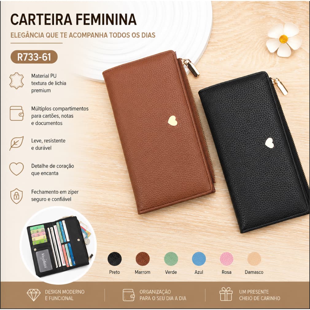 Carteira Longa Feminina Minimalista Coração Texturizado PU