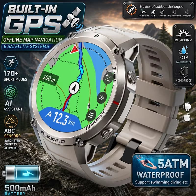 2026 Novos Mapas Offline Navegação Smartwatch Tela AMOLED 5ATM À Prova Dwaterproof Água 170 Modo Esporte Bússola Relógio