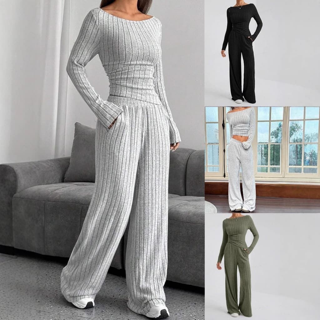 Conjunto Feminino De Malha Com Nervuras De Duas Peças , top De Manga Comprida Ombro De Fora Na Cintura , Calças Largas D
