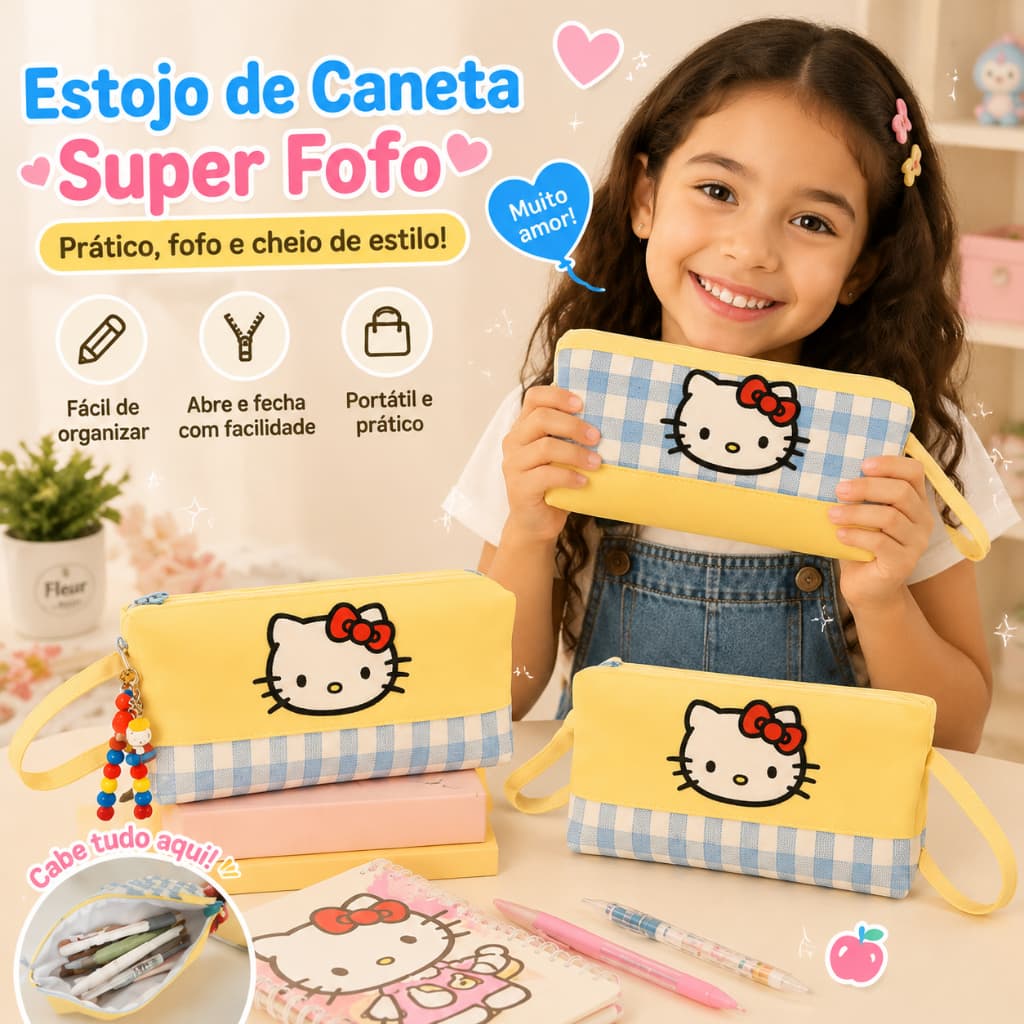Estojo Xadrez Fofo Hello Kitty INS Bolsa De Papelaria Para Estudantes Japoneses