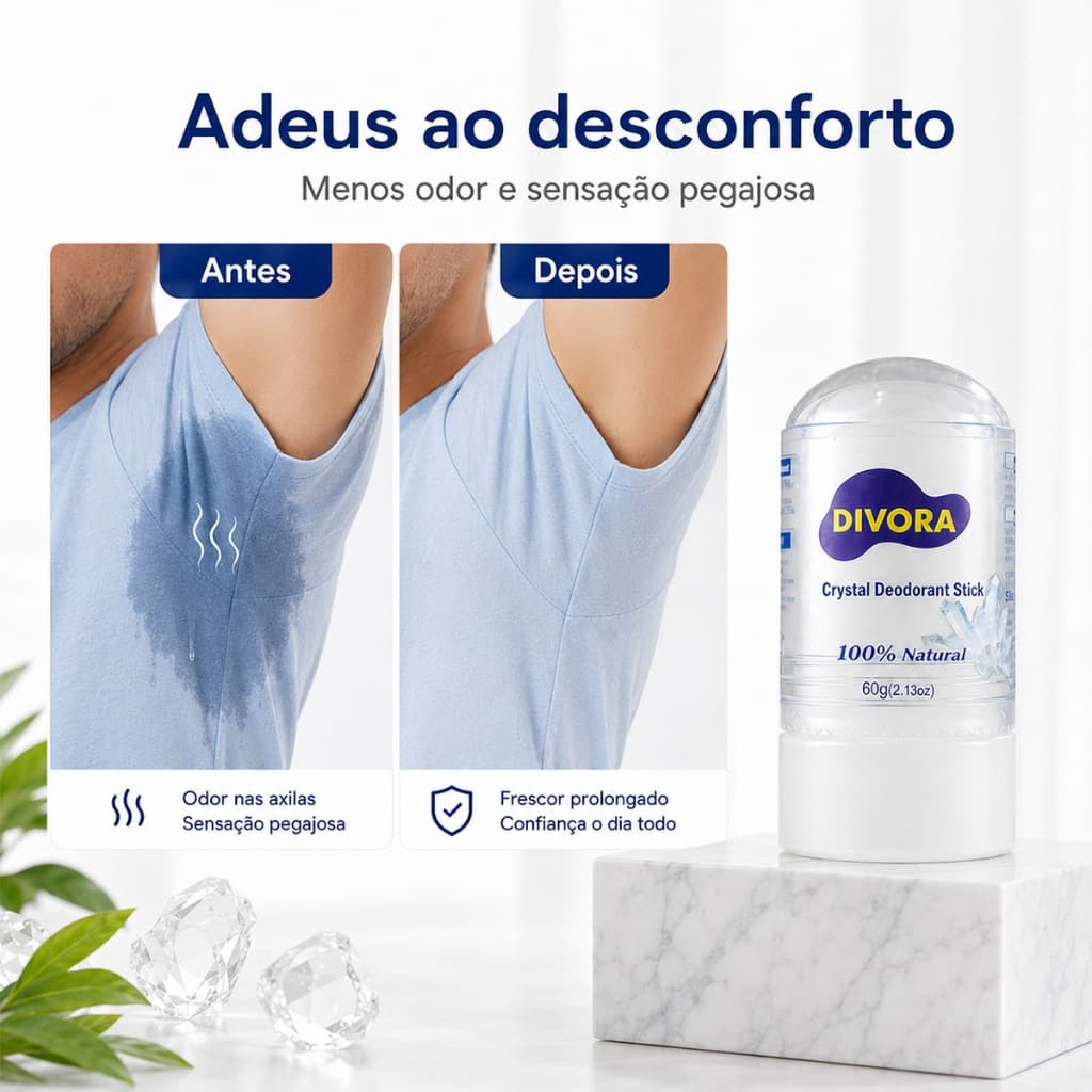 Desodorante Cristal Stick DIVORA 100% Natural Sem Alumínio Sem Perfume Vegano 60g