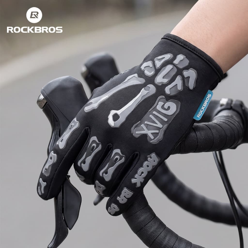 ROCKBROS Esqueleto Dedo Cheio Luvas De Ciclismo Tela Sensível Ao Toque Absorção De Choque Antiderrapante MTB Bicicleta D