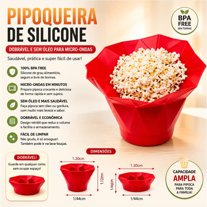 Pipoqueira de Silicone para Micro-ondas Dobravel Grande Sem Oleo BPA Free com Tampa