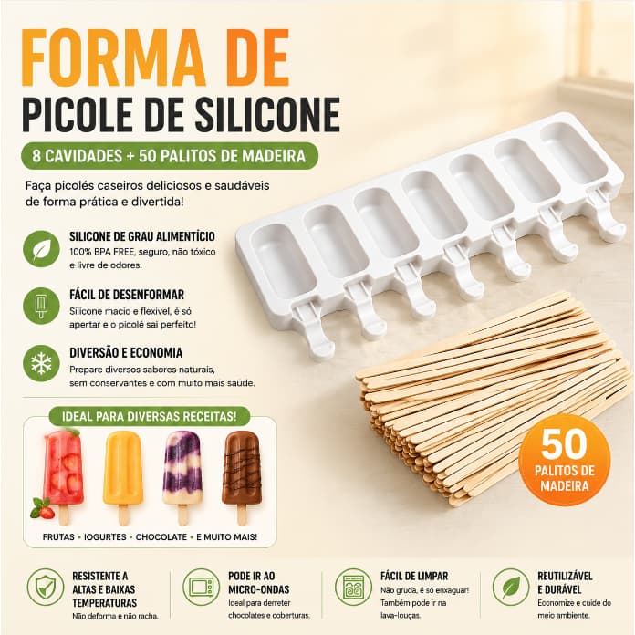 Forma de Silicone para Picole 8 Cavidades Molde de Sorvete com 50 Palitos de Madeira