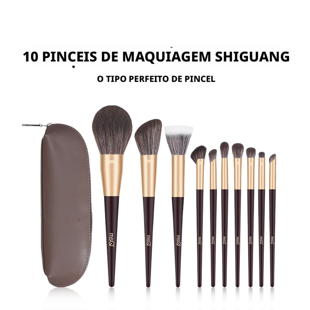 MSQ Conjunto De Pincéis De Maquiagem Sintéticos Macios E Densos , 10 Peças , Alça Marrom Escuro Premium , Kit Cosméticos