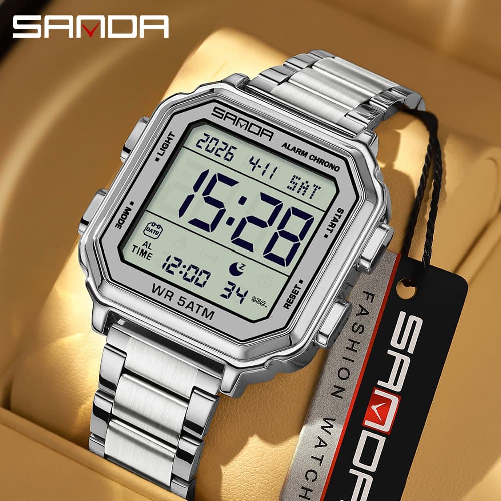 SANDA 6379 Moda Relógios Eletrônicos Para Homem Calendário Luminoso Cronômetro Despertador Relógio Digital Masculino Esp
