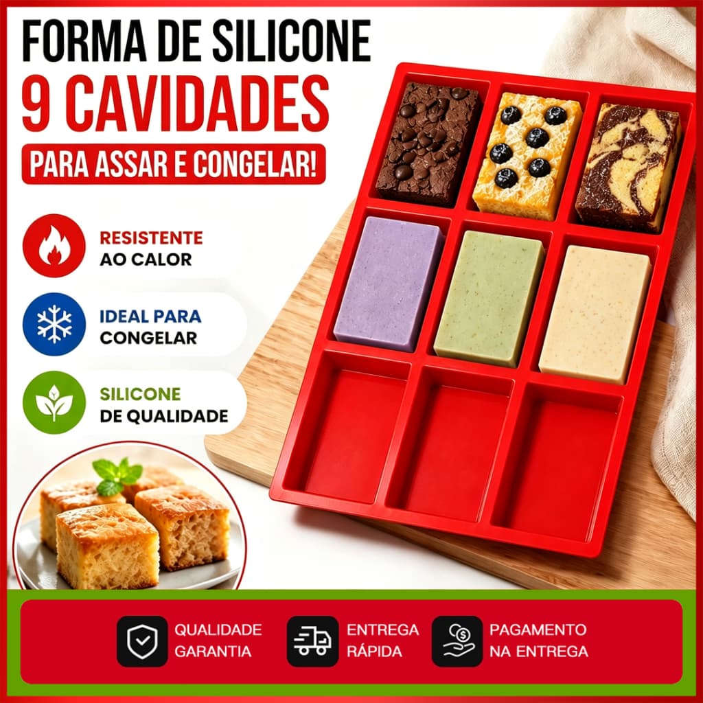 Molde retangular de Silicone, adequado para fazer bolos, biscoitos e Chocolate, com 9 furos