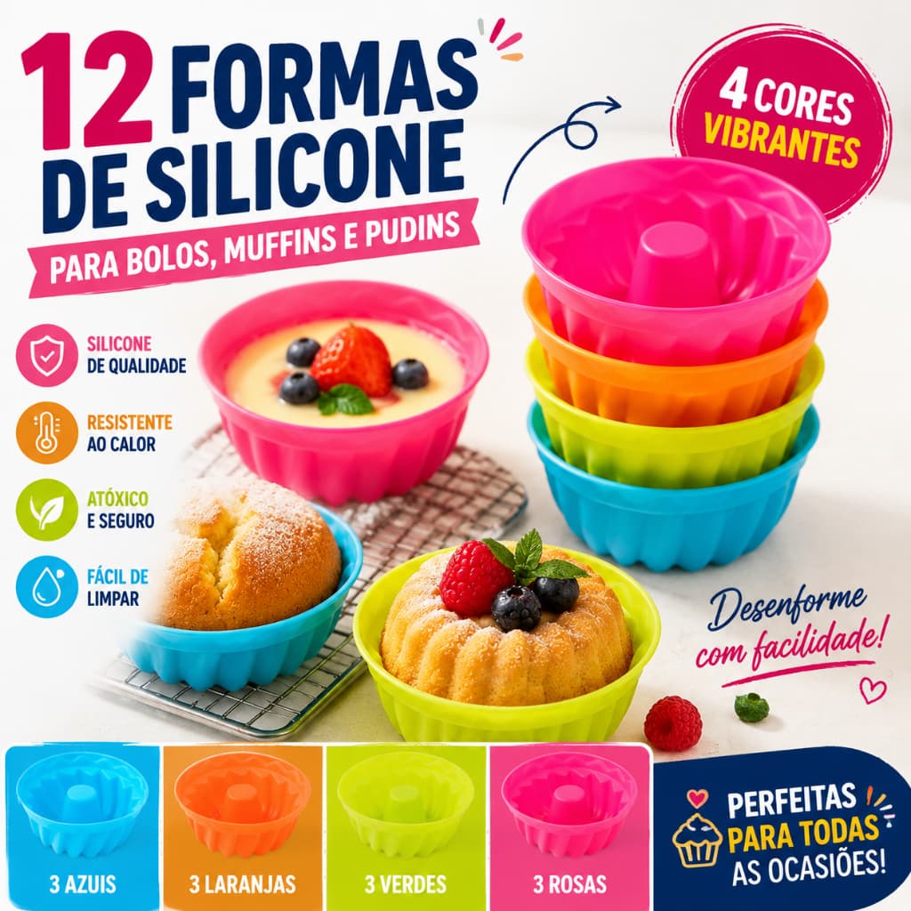 Conjunto de 12 peças de molde de Silicone, adequado para Cupcakes, Mini bolos práticos coloridos
