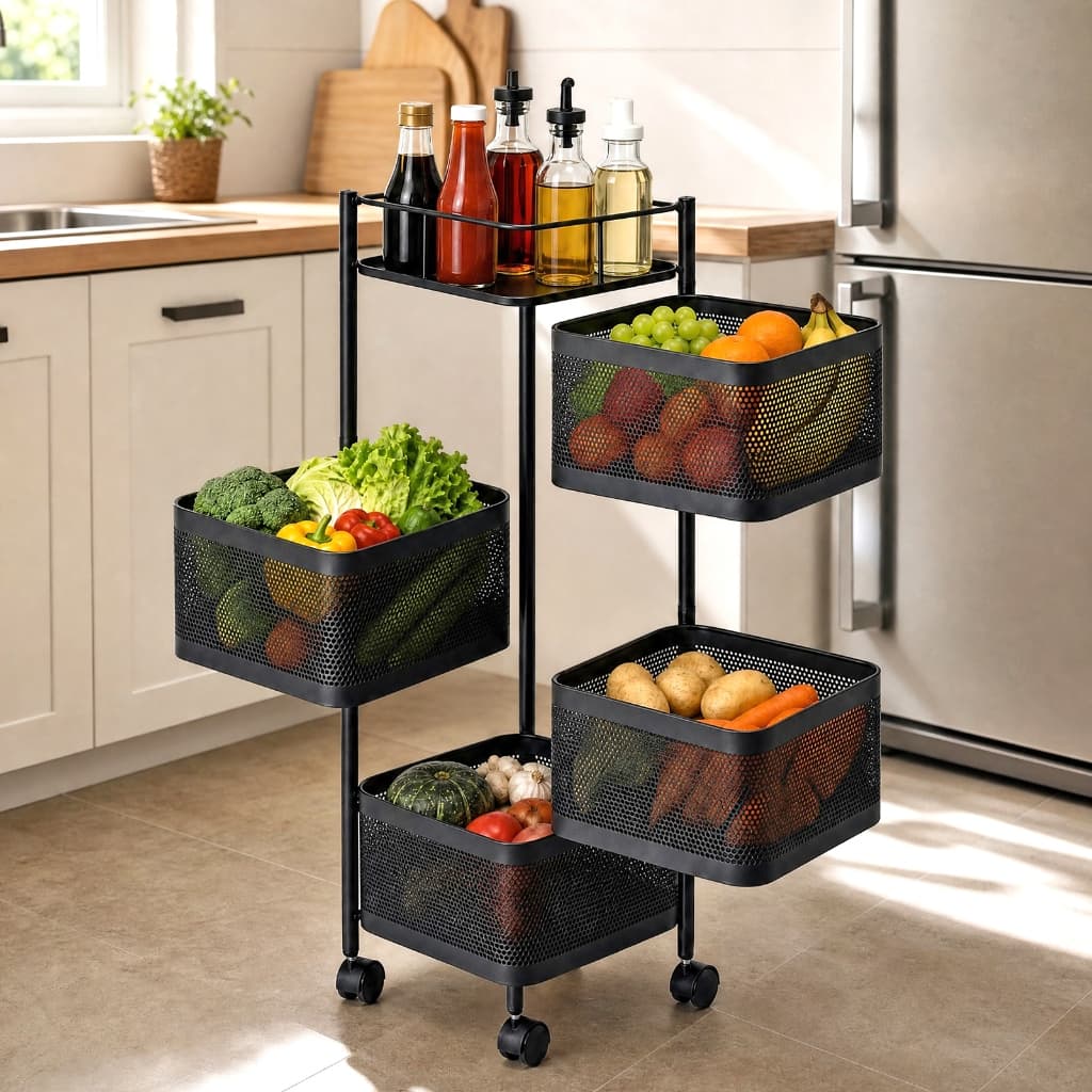 Organizador Giratório 4 Prateleiras Preto | Suporte quadrado Redondo para Frutas, Verduras e Temperos