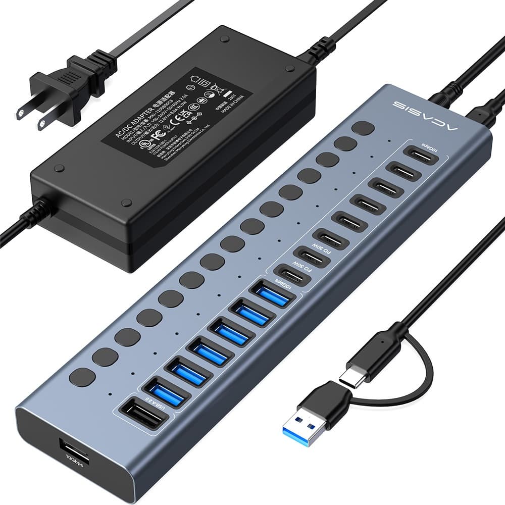 ACASIS 16 Portas 10Gpbs USB3.2 Hub 8 * USB-A E c Suporte Dual PD 30W Carregamento Rápido Com Adaptador De Alimentação 20
