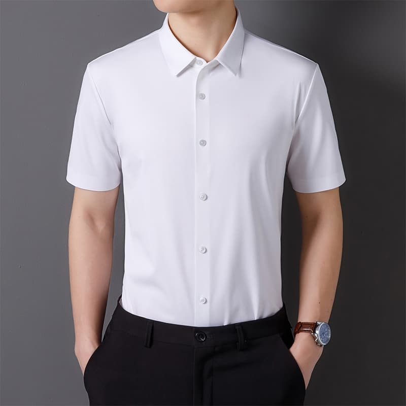 Camisa masculina de manga curta antirrugas que não deixa marcas, camisa branca profissional sem ferro de cor sólida All-