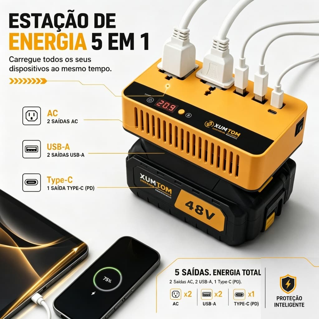 Inversor de Energia 180W 127V 5 em 1 AC+USB com LED Adaptador DC 18-21V para Roteador Camping Conversor Portatil
