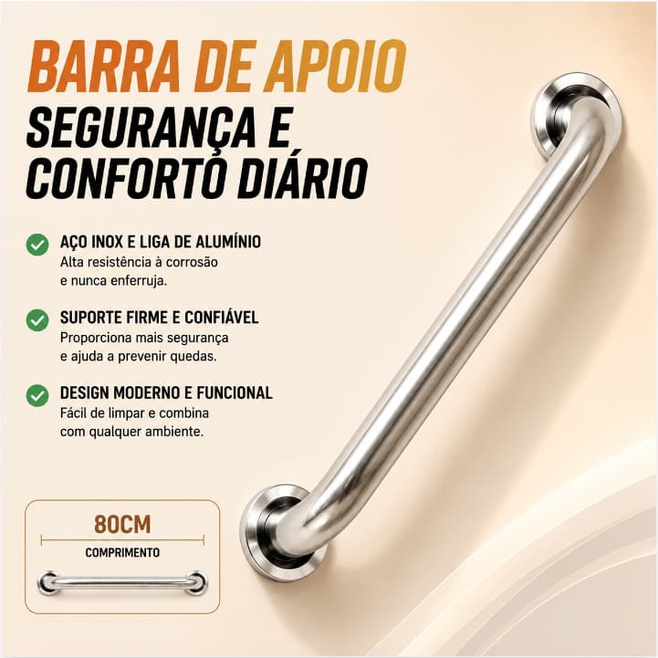 Barra Apoio 80 cm para Antiqueda Inox Banheiro Escada Corrimão Acessibilidade Suporte Idosos Alça PCD
