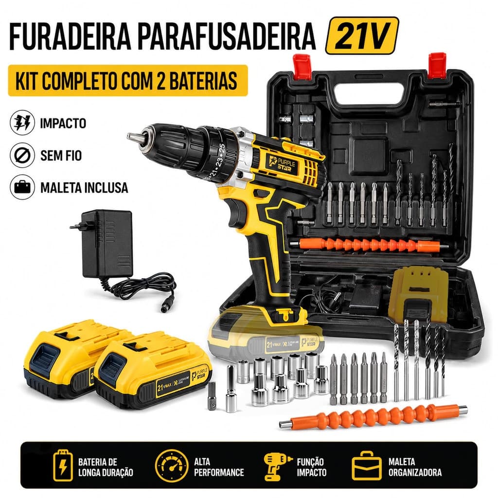 Furadeira 21V Com 2 Baterias , Maleta De Transporte E Acessórios Completos
