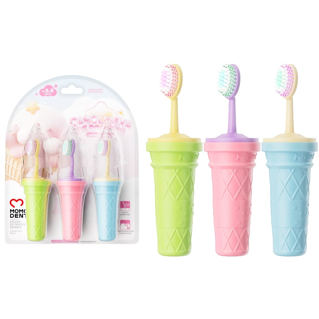 Momodent Escova De Dente Infantil kit 3 Unidades + Cerdas Macias Limpeza Profunda