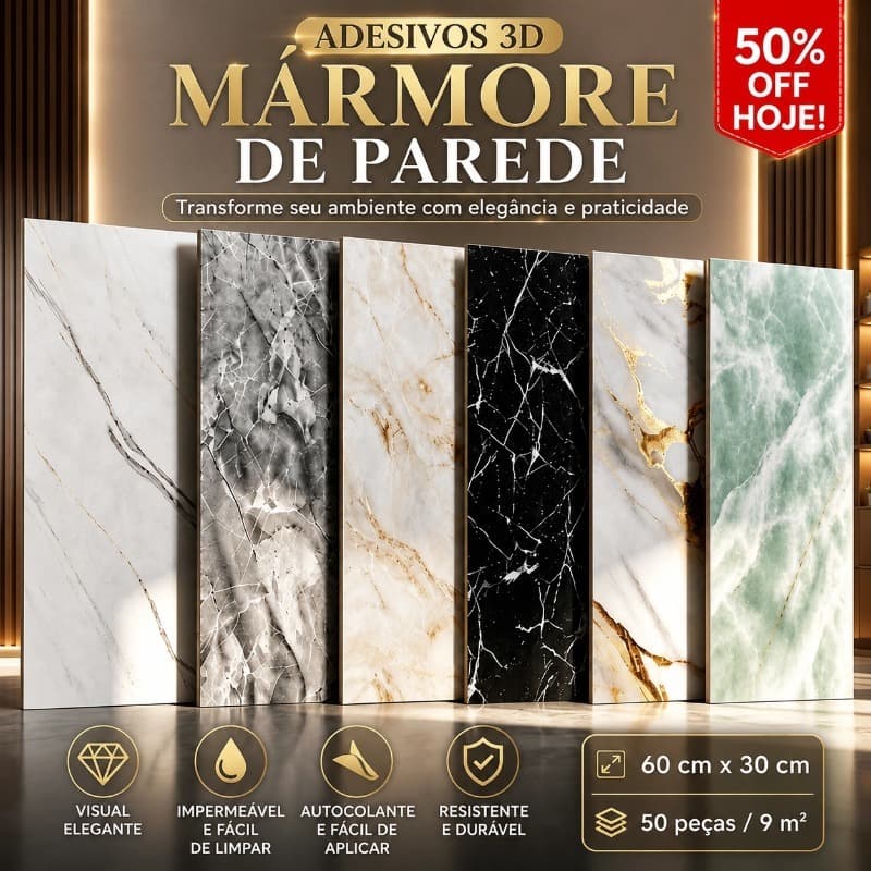 Placa Mármore 3D Adesiva PVC 60x30cm para Parede e Piso Impermeável Lavável Cozinha Banheiro Até 9m²