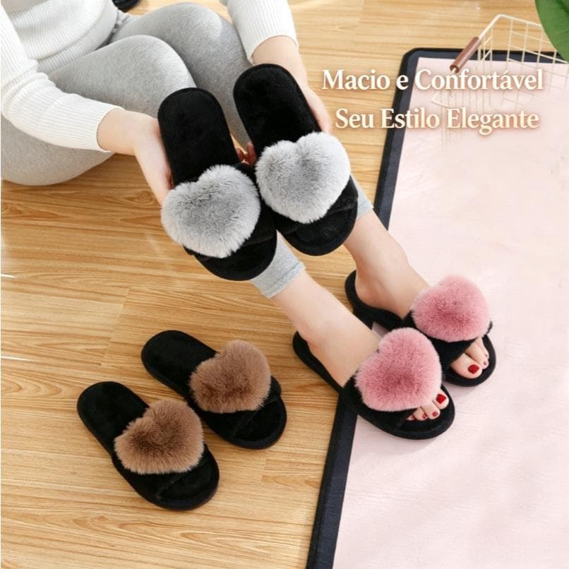 Chinelo de Pelúcia Feminino Coração Aconchegante Aquecedor Uso Interno Confortável Antiderrapante