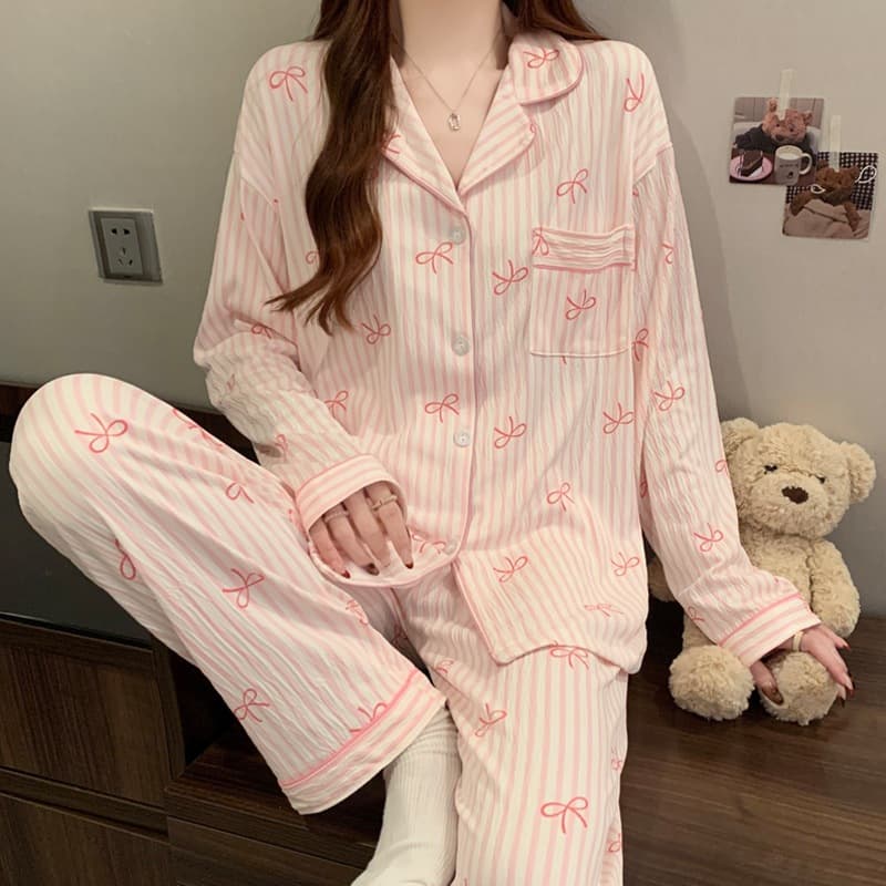 Doce listrado ins estilo coreano arco impresso pano enrugado pijamas feminino Loungewear de manga curta terno de três pe
